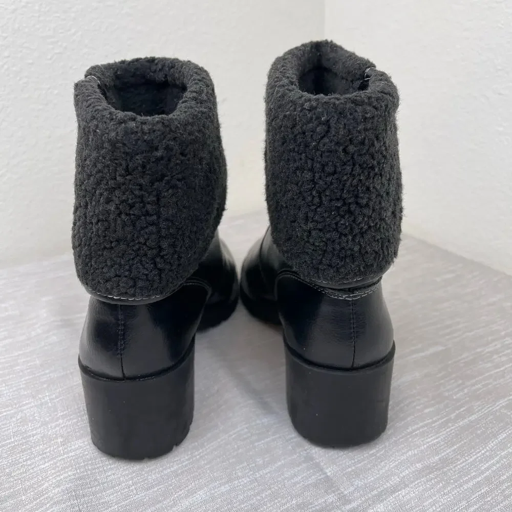 Aerosoles Faux Fur Cuff Black Chunky Ankle Boots Womens 9.5M Winter Warm Comfort